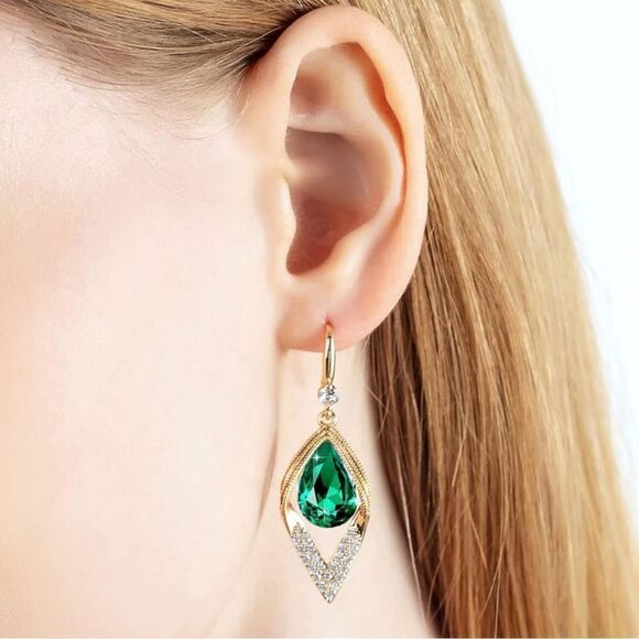 14K Yellow Gold with Emerald Green Austrian Crystal Halo Leaf Teardrop Earrings - Picture 5 of 7
